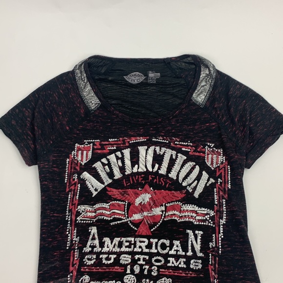 Affliction Sparkle Stud Tshirt top Size Small Black Maroon Silver Open Back - Picture 4 of 13
